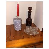 Clear glass hobnail cream & sugar w undertray, LE Smith lavender quilted diamond pattern canister and decanter