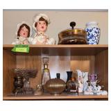 Top 2 and bottom shelf includes chalk boy & girl, vases, compote, figurines, PartyLite Christmas sleigh, etc