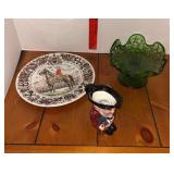 RCMP plate, Toby mug and green glass comport
