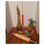 Amber glass decanter, wooden rolling pin and large round bowl w decorative fruit