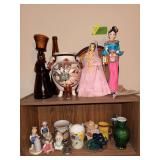 On shelf includes milk glass, vases, figurines, etc