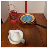 Three enamel skillets? with side handles and one long reach handle, milk glass juicer, Winged Wheel No.350 lantern