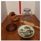 Clear glass canister, mini wooden rolling pin, amber ashtray, pretty plate and Haeger turkey