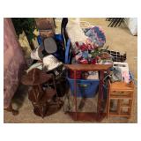 Four totes of misc includes afghans, wall shelves, lamps, books and much more