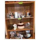 Bottom three shelves includes decanters, collector plates, figurines, ruby red glass and more