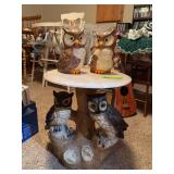 15” diameter owl table and two ceramic owl figurines