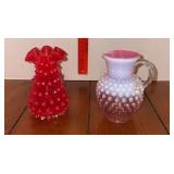 Cranberry opalescent hobnail pitcher and art deco vase