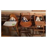 Three wooden high chairs and bunny kids in them