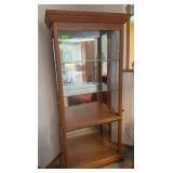 Mirrored, lighted display case w glass shelves and side entry doors 15D x 34L x 72H
