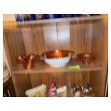 Three pieces of marigold glass and hand painted bowl