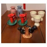 Egg coddlers, bear S&P shakers, candleholders and decorative dairy can marked cream & sugar by DM Plastics