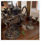 Silver plate gravy boat w warmer, coffee and candelabra-chrome?