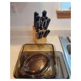 Knife block and knives, glass bakeware