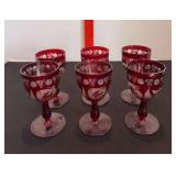 Six Czech glass cordials, red cut to clear