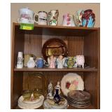 Top 3 shelves includes hand painted china, figurines, yellow depression glass and more