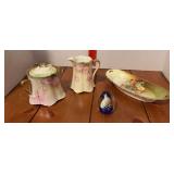 Hand painted cream & sugar, signed egg paperweight, hand painted celery dish