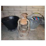 2 coal buckets and barn lantern