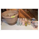 Misc shot glasses, state glasses, stones, and styrofoam planter