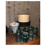 Two canners w inserts, juicer and jars