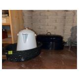 Two enamel roasters and cowboy coffee pot