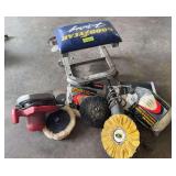 Rolling shop stool, buffer and circular saw