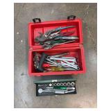 Red tool box, vise grips, S and K socket set, hand tools