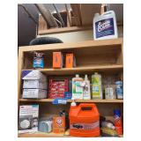 Shelf by sink in shop, XL gloves, light bulbs, lava soap, GoJo, masks