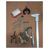 9" vernier calipers, micrometer, clamps, inside gauges, precision square, dividers etc