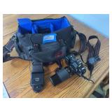 Konica film camera with lots of accessories