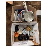 Coffee cups and soup bowls plus miscellaneous kitchen plates and a steamer
