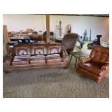 Vintage leather hide a bed sofa and recliner plus retro Square side table