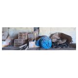 Water pipe, dripline, multiple boxes of twine, used drip line, steel stands, picture pump