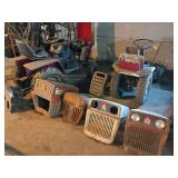 Two riding mower projects assorted riding mower hoods, tin work, seat pans etc