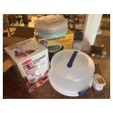 Cake carrier, pie carrier w plate, knife block and knives, Presto kitchen kettle, food strainer, etc