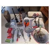Vintage kitchen items, spools and tobacco tins
