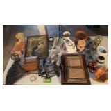 Tea kettle, picture frames, glasses, bowls, vintage Quaker Oats cardboard can, etc