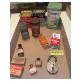 Vintage tins, bottles, padlock