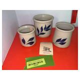Set of 3 hand carved cobalt salt glazed crocks