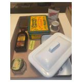Vintage tins, enamel instrument tray, bottle openers, etc