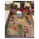 Vintage tins, husker, bottles, padlock, etc