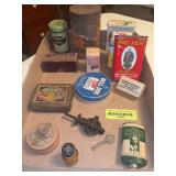 Vintage tins, pulley, key, etc