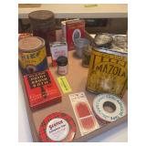 Vintage tins, J&P Coats sewing needles, etc