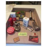 Vintage tins, thermometer, husker, padlock, etc