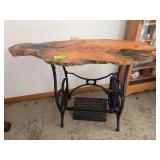 Live slab table w epoxied top and sewing table base Approx 15x42x29H