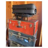 Two vintage trunks and assortment of bags and luggage