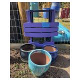 Three ceramic flower pots and fold up plastic table
