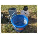 Heated waterer, heated flat back bucket, and large galvanized chicken feeder