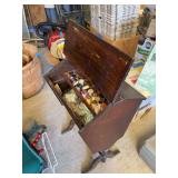 vintage sewing stand with sewing notions
