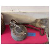 Cast iron kettle, hearth tools
