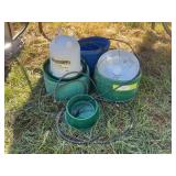Heated water bucket and feed bowls plus poultry drinker, heat lamp